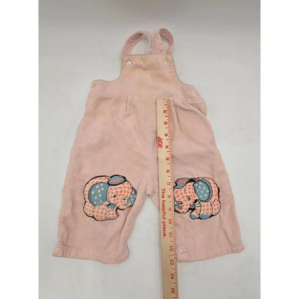 Vintage Pink Corduroy Elephant Patch Overalls Kids Bib Snaps Retro Style